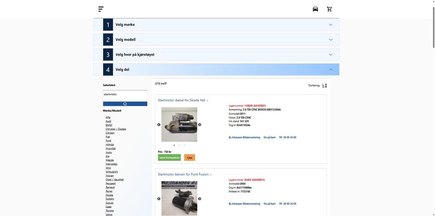 Skjermbilde av søkeresultater fra delelageret: startmotor til Skoda Yeti og Ford Fusion med pris, lagernummer og årsmodell